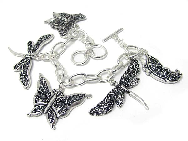 Crystal deco marcasite look multi butterfly charm dangle toggle bracelet