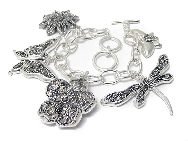 Crystal deco marcasite look multi butterfly and flower charm dangle toggle bracelet