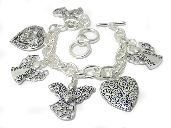 Textured metal heart and angel charm dangle toggle bracelet