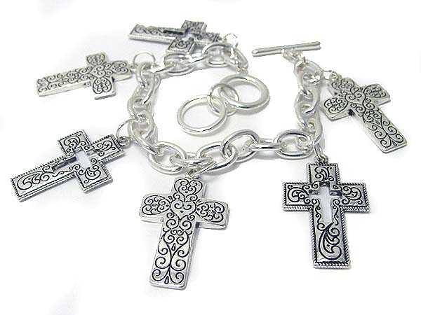 Textured metal cross charm dangle toggle bracelet