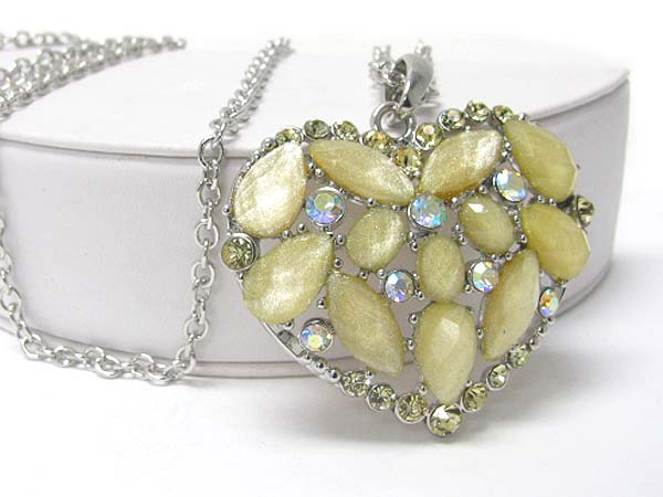 Crystal and glass deco heart pendant long necklace