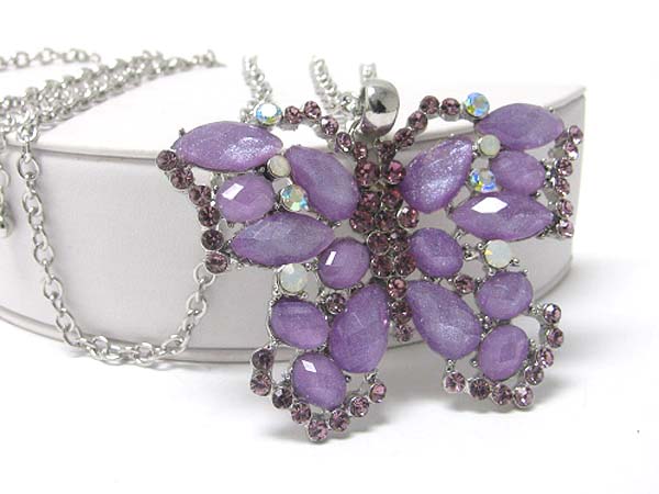 Crystal and glass deco butterfly pendant long necklace