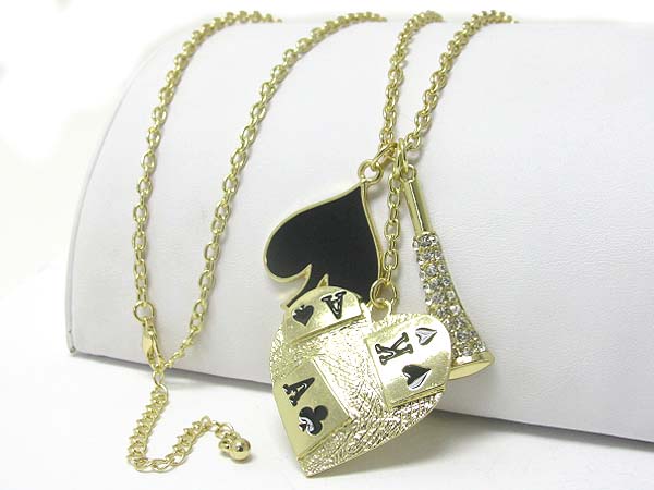 Crystal stud gambling theme charm dangle long necklace