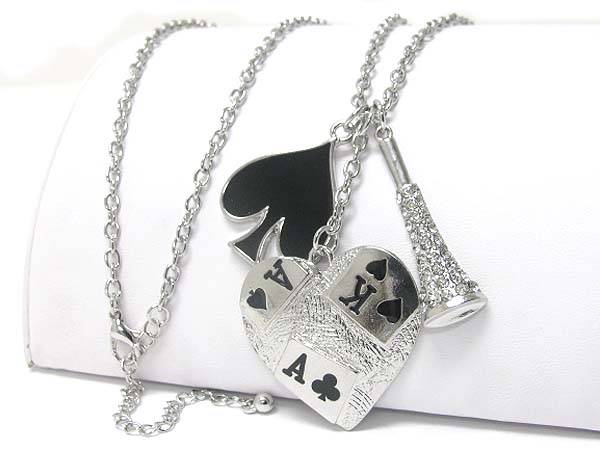 Crystal stud gambling theme charm dangle long necklace