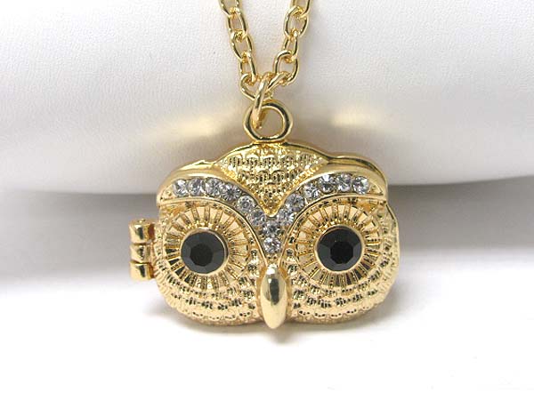 Crystal stud owl face locket charm long necklace