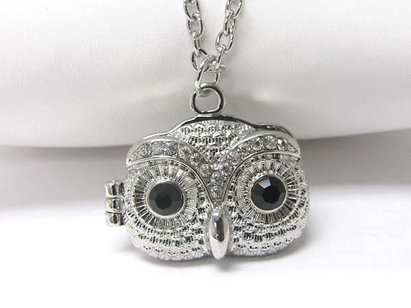 Crystal stud owl face locket charm long necklace