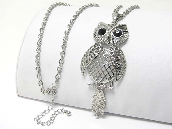 Crystal stud owl pendant long necklace