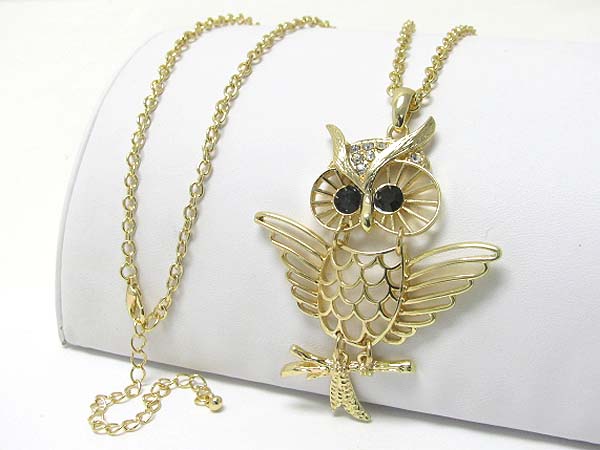 Crystal stud owl pendant long necklace