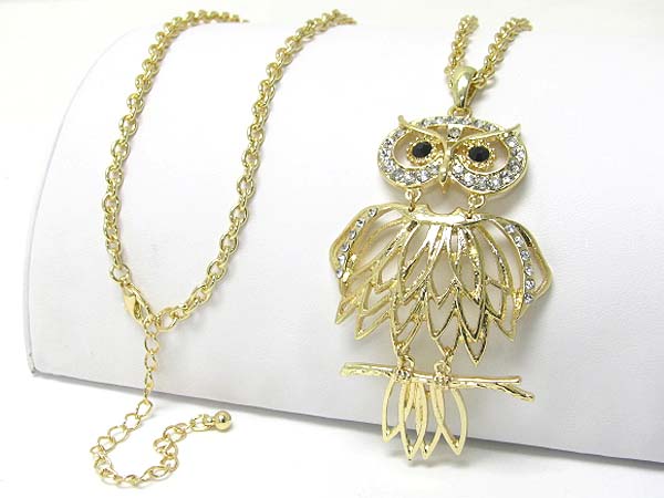 Crystal stud owl pendant long necklace