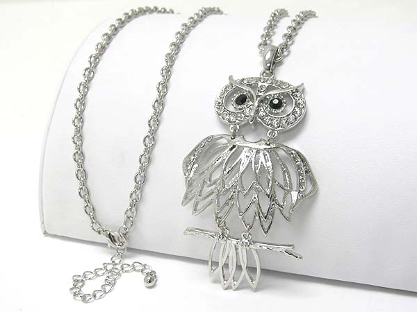 Crystal stud owl pendant long necklace