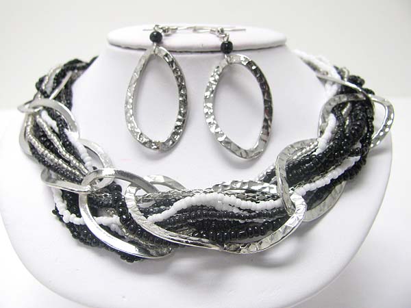 Braided mixed beads and hammered metal link necklace earring set