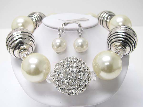 Crystal and chunky pearl and metal ball link necklace earring set