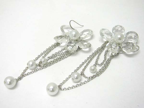 Facet glass and pearl ball flower and tassel drop earring