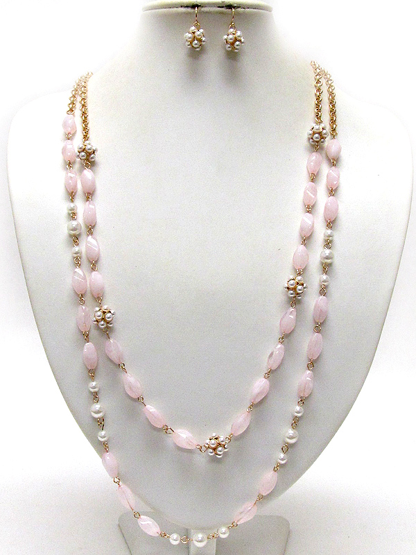 Two layers  and multi acryl oval patern with pearl balls drop long chain necklace earring set