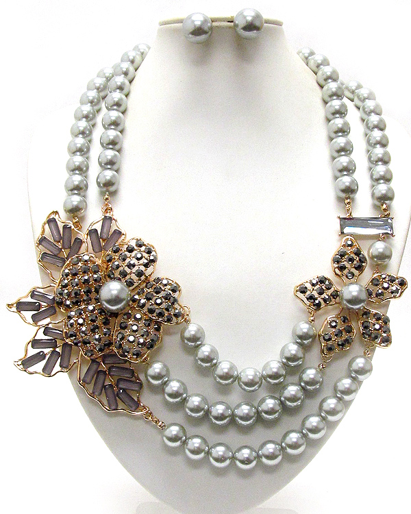 Crystal and center pearl deco flower and multi pearl chain corsage luxury necklace earring set