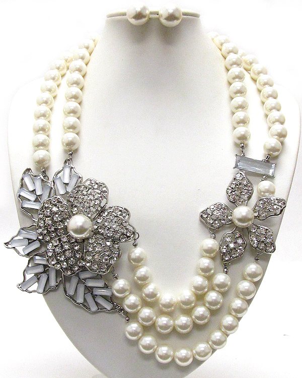 Crystal and center pearl deco flower and multi pearl chain corsage luxury necklace earring set