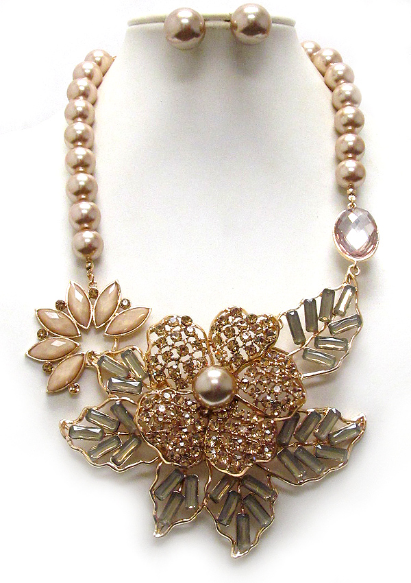 Crystal and pearl deco flower and leaf pendant and pearl chain luxury necklace earring set