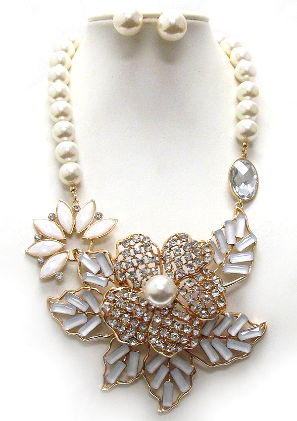 Crystal and pearl deco flower and leaf pendant and pearl chain luxury necklace earring set