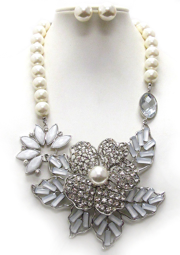 Crystal and pearl deco flower and leaf pendant and pearl chain luxury necklace earring set