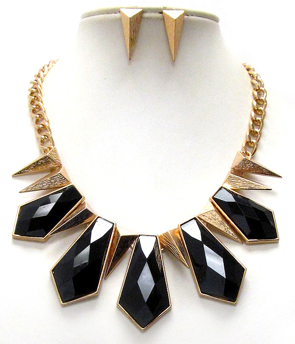 Multi arrowhead acrylic stone and metal spike necklace earring set