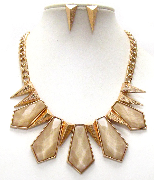 Multi arrowhead acrylic stone and metal spike necklace earring set