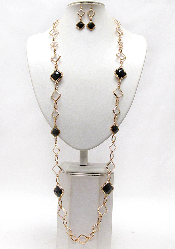 Facet acrylic square stone link long station necklace earring set