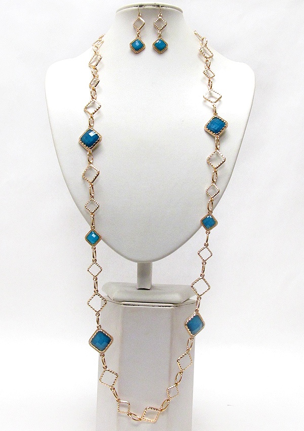 Facet acrylic square stone link long station necklace earring set