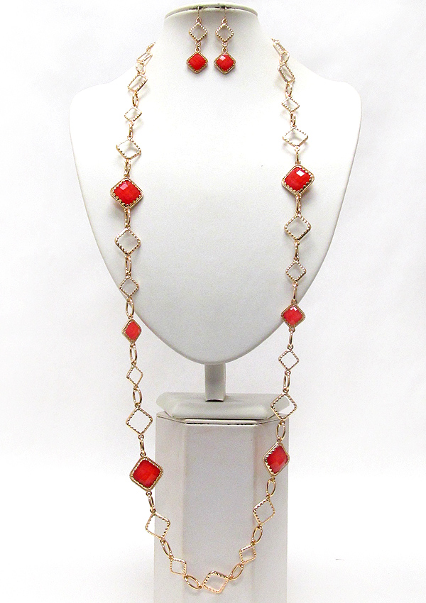 Facet acrylic square stone link long station necklace earring set