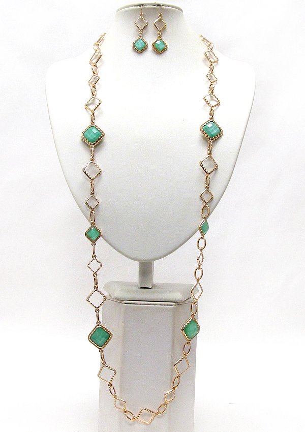 Facet acrylic square stone link long station necklace earring set