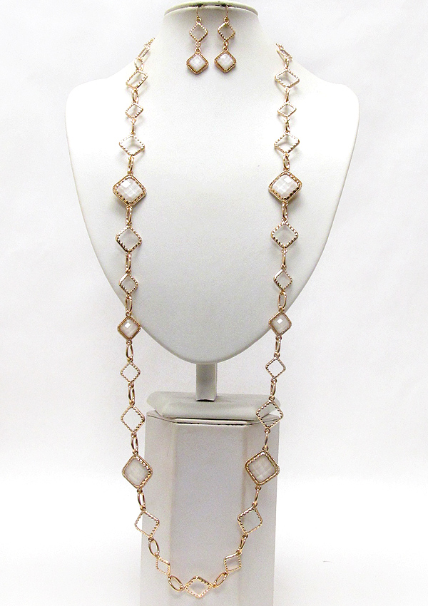 Facet acrylic square stone link long station necklace earring set