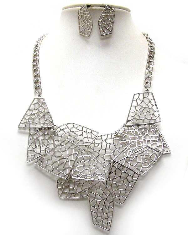 Metal filigree architectural design and metal chain necklace earring set