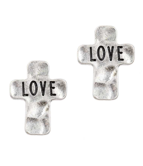 Handmade cross stud earring - love