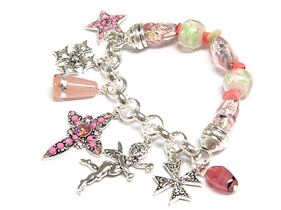 Glass beads and crystal multi charm dangle chain bracelet