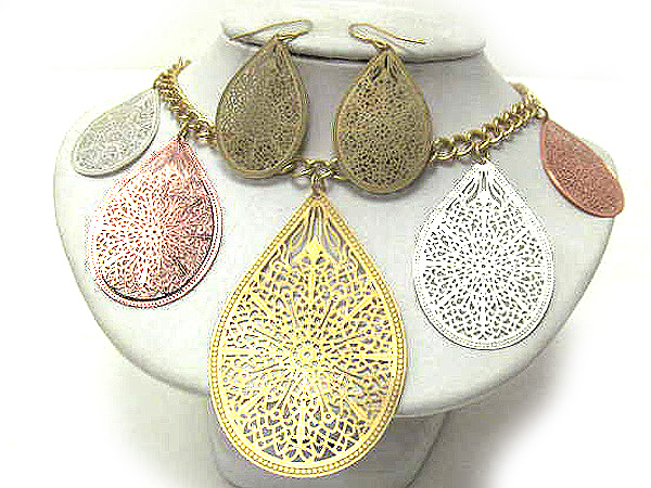 Metal multi fashion filigree tear drop long chain necklace earring set