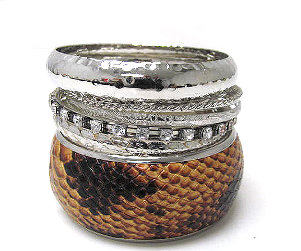 Snake skin and crystal with multi metal mixed bangle set