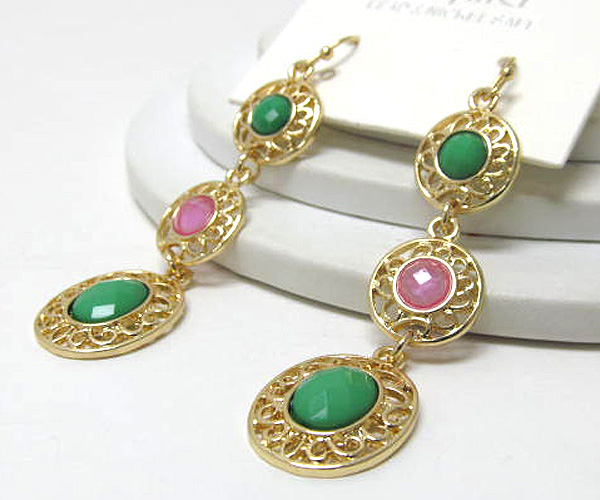 Acryl stone metal filigre round patern drop earring