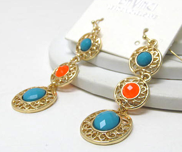 Acryl stone metal filigre round patern drop earring