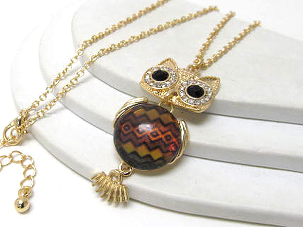 Metal crystal owl tribal look long chain necklace