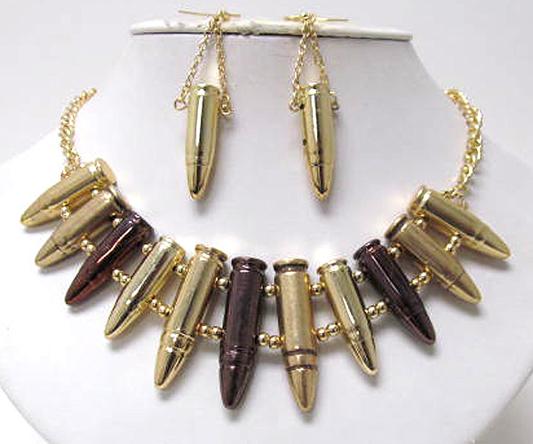 Multi metal pattern fashion bullet link chain necklace earring set