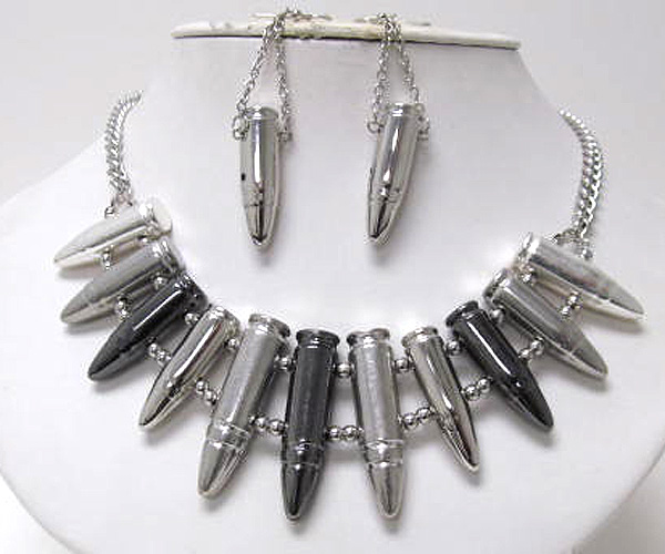 Multi metal pattern fashion bullet link chain necklace earring set