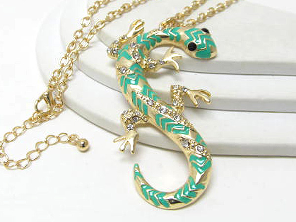 Crystal metal epoxy fashion lizard drop long chain necklace 