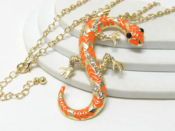 Crystal metal epoxy fashion lizard drop long chain necklace