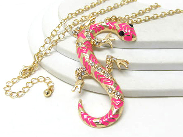 Crystal metal epoxy fashion lizard drop long chain necklace 