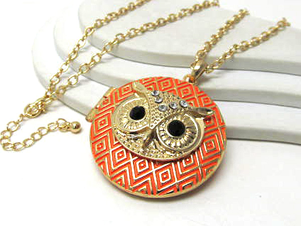 Crystal eyes epoxy owl head locket long chain necklace