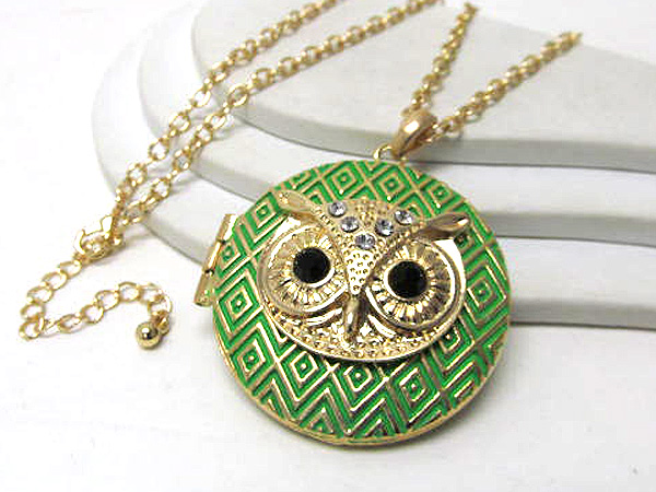 Crystal eyes epoxy owl head locket long chain necklace