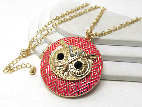 Crystal eyes epoxy owl head locket long chain necklace