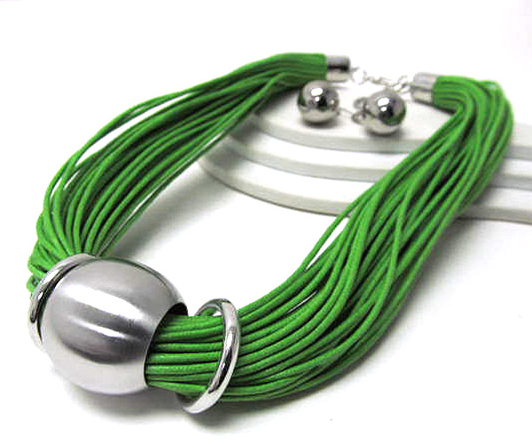 Multi fashion color cord drop round metal link with rings necklace earring set