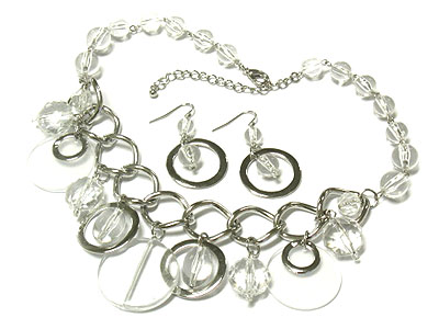 Lucite clear ice beads and metal link necklace and earring set - nude fashion trend