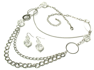 Double layer lucite clear ice beads and metal link necklace and earring set - nude fashion trend