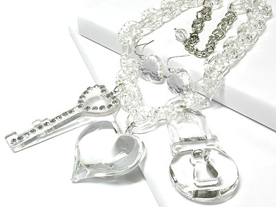 Rock crystal look lucite chain and crystal key heart and lock charm necklace and earring set